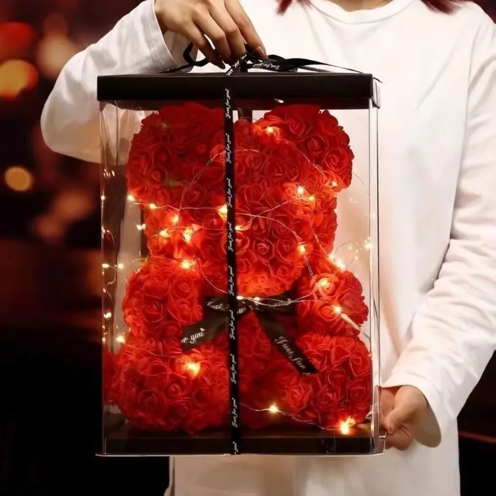 25cm Sztuczny Miś z Róż, Romantyczny Prezent na Walentynki z Pudełkiem 🌹